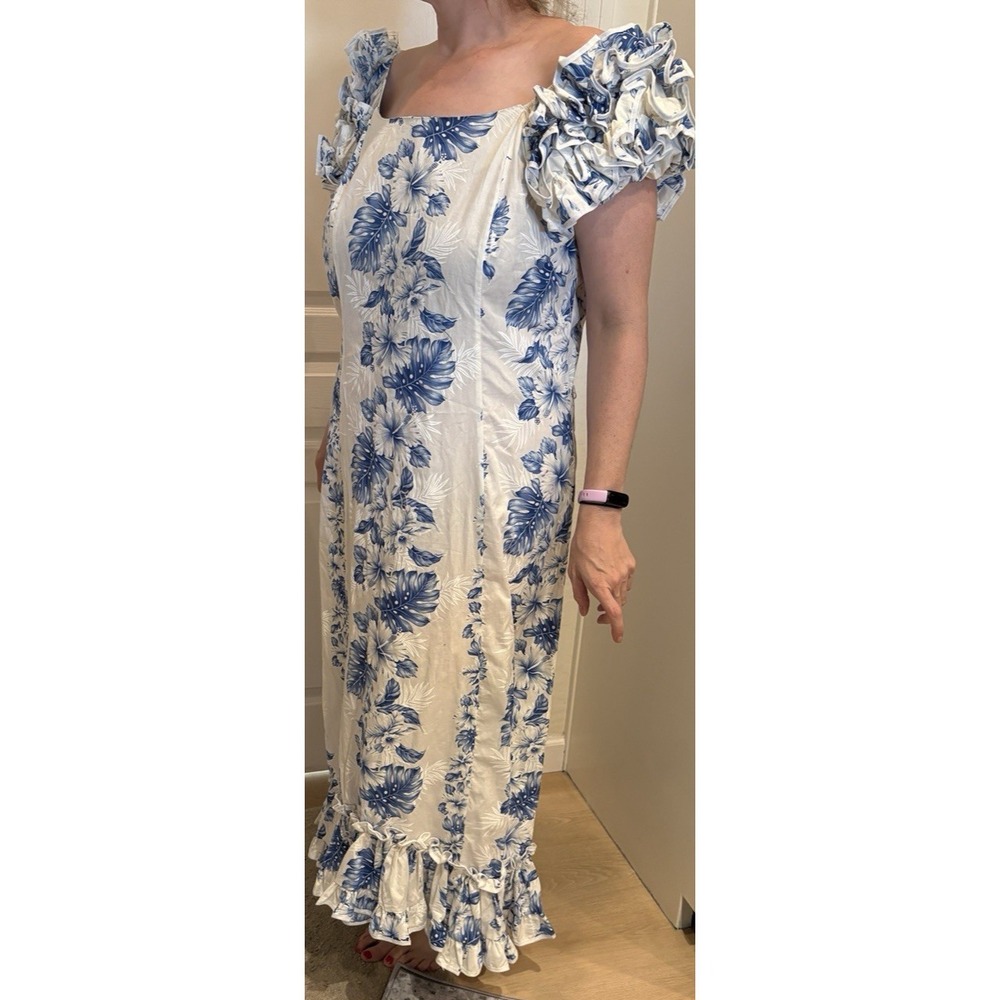 KY'S Made in Hawaii blue Floral 100% Cotton‎ ruffled Maxi Dress XL 3X  NWT - Picture 2 of 16